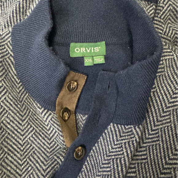 Orvis Navy Gray 100% Cashmere Button Mock Neck Herringbone Pullover Sweater XXL - Picture 7 of 10